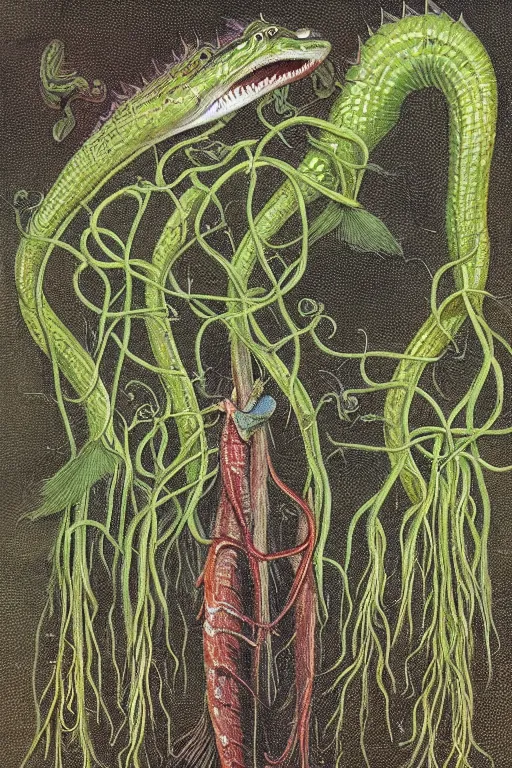 Prompt: a carnivorous plant with a long vine and the head of a barracuda, a carnivorous plant with a long vine and the head of a alligator, side view of a plant showing roots stem and bud, plant photograph showing roots underground