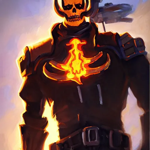 Image similar to greg manchess portrait painting of ghost rider as overwatch character, medium shot, asymmetrical, profile picture, organic painting, sunny day, matte painting, bold shapes, hard edges, street art, trending on artstation, by huang guangjian and gil elvgren and sachin teng