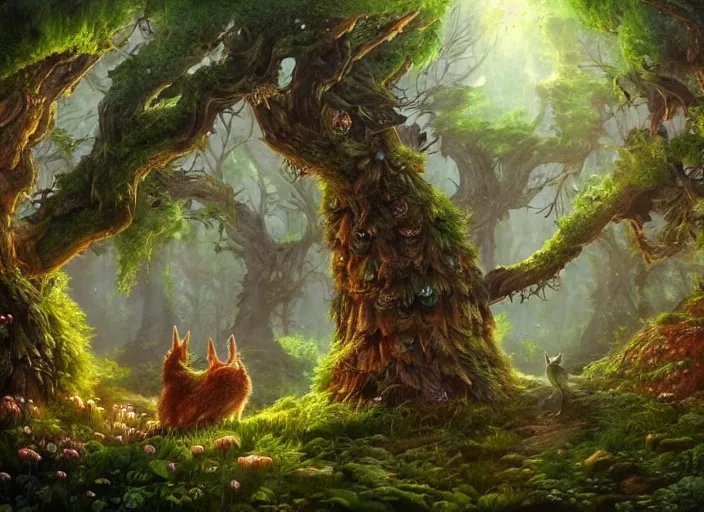 Image similar to desktop background, magical fantasy forest, magical cat creatures, path traced, highly detailed, high quality, digital painting, by studio ghibli, lise deharme, alexander jansson, paul lehr, tim white, hans zatzka, george stubbs, louis wain