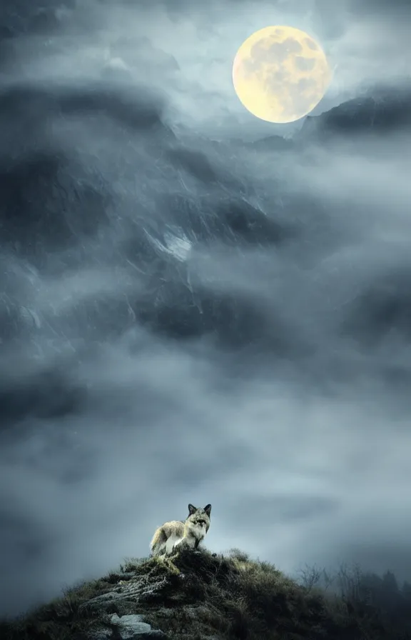 Image similar to a photograph of a wolf at full moon in a mountainous environment, full moon with fog and clouds, concept art, epic lighting, cinematographic