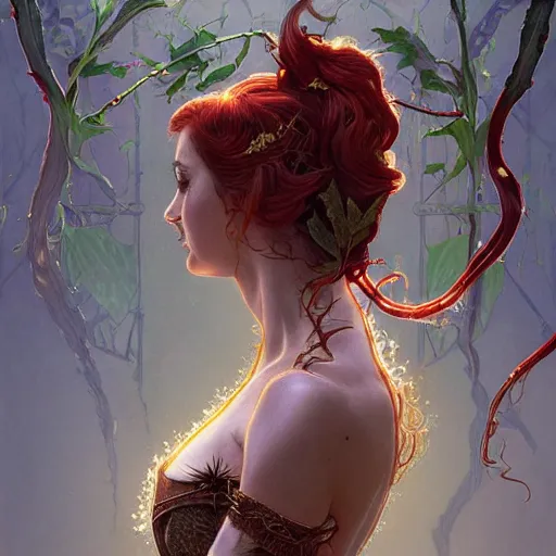 Image similar to a stunningly detailed tarot card of a beautiful alison hannigan dressed as poison ivy with white skin and with hair pulled up in a ponytail, dark eyeliner, intricate, elegant, highly detailed, digital painting, artstation, concept art, sharp focus, illustration, art by greg rutkowski and alphonse mucha