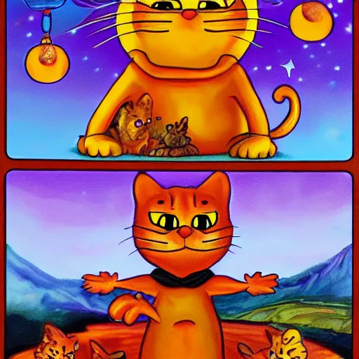 Prompt: Garfield tarot, 4k HD, oil on canvas