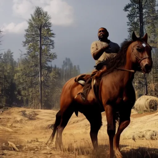 Prompt: kanye west as a horse in red dead redemption, splash art, movie still, detailed face, photorealistic facial features, cinematic lighting, dramatic, octane render, long lens, shallow depth of field, bokeh, anamorphic lens flare, 8 k, hyper detailed, 3 5 mm film grain