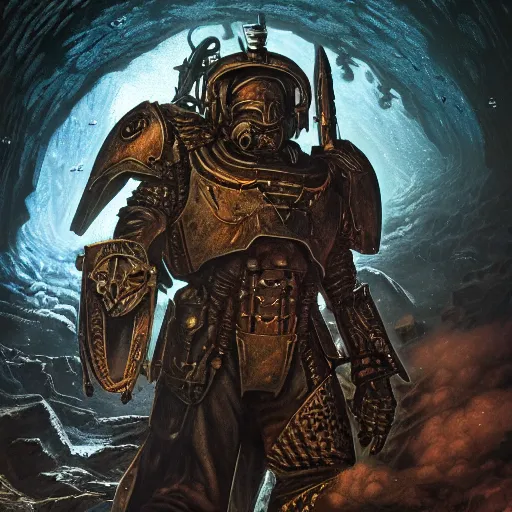 Image similar to photorealistic warhammer 4 0 k in the style of michael whelan and gustave dore. hyperdetailed photorealism, 1 0 8 megapixels, fully clothed, lunar themed attire, amazing depth, glowing rich colors, powerful imagery, psychedelic overtones, 3 d finalrender, 3 d shading, cinematic lighting, artstation concept art