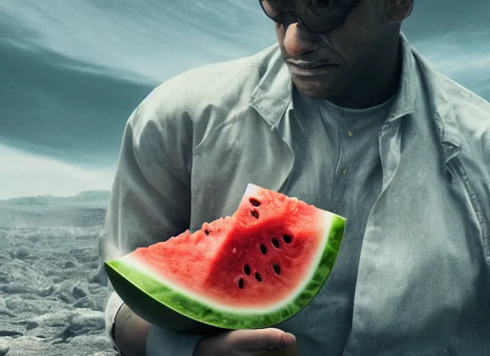 Image similar to film still of a man with a watermelon for a head in the new scifi movie, 4 k