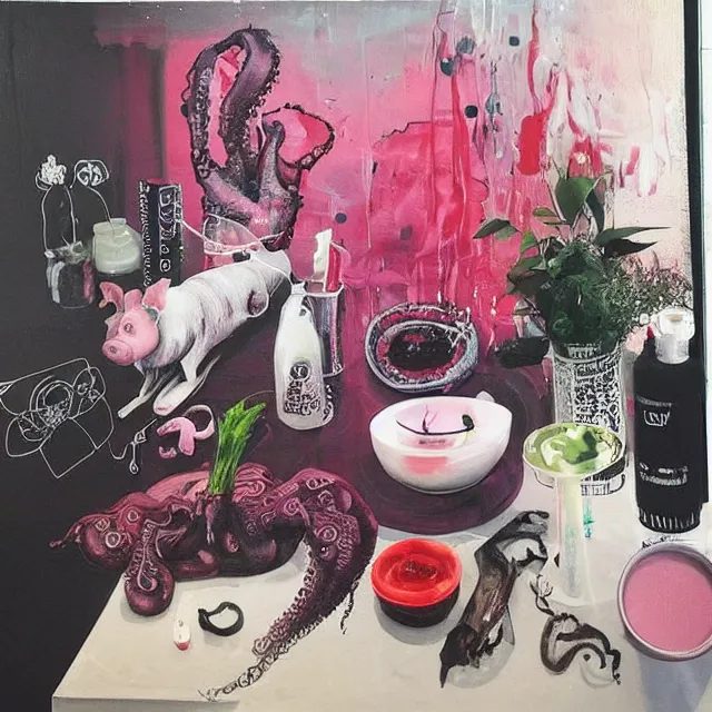 Image similar to “ a portrait in a female art student ’ s apartment, sensual, a pig theme, art supplies, surgical iv bag, octopus, ikebana, herbs, a candle dripping white wax, black walls, squashed berries, berry juice drips, acrylic and spray paint and oilstick on canvas, surrealism, neoexpressionism ”