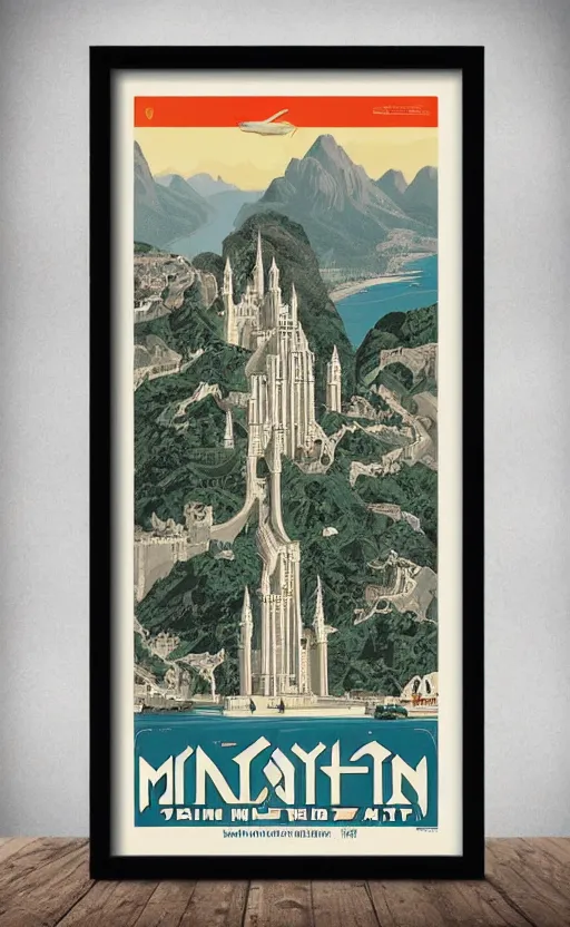 Prompt: art deco travel poster of minas tirith, framed poster