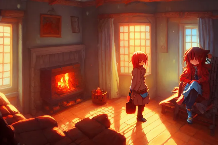 Prompt: a cozy!!!!!! room with a fireplace, intricate oil painting, high detail illustration, sharp high detail, manga and anime, official fanart behance hd artstation by jesper ejsing and makoto shinkai, 4 k,