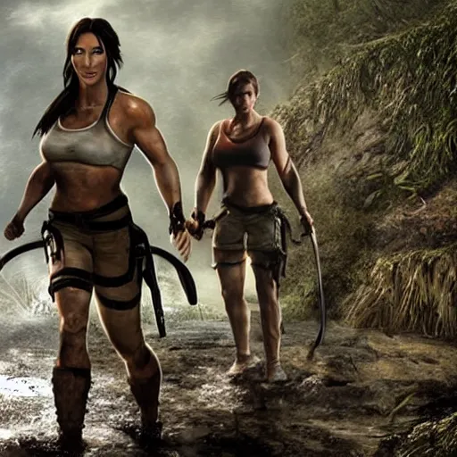 Image similar to film scene muscular lara croft emerges from the river water, her face is covered with mud, part of the body is still in the river