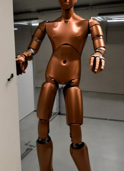 Prompt: a humanoid robot with an adult male human looking face is the statue david by michelangelo, polaroid, flash photography, photo taken in a back storage room where you can see empty shelves in the background,