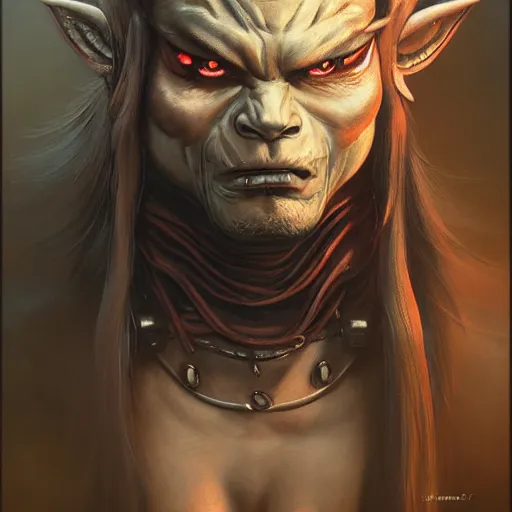 Image similar to portrait, cyberpunk japanese oni demon with horns, stern expression, long hair, highly detailed, digital painting, artstation, concept art, smooth, sharp focus, illustration, artgerm, tomasz alen kopera, peter mohrbacher, donato giancola, joseph christian leyendecker, wlop, frank frazetta