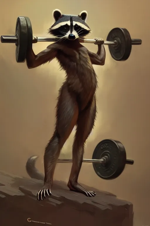 Image similar to anthro raccoon lifting weights, dim dingy gym, dynamic pose, fantasy, intricate, elegant, highly detailed, digital painting, artstation, concept art, matte, sharp focus, illustration, art by artgerm and greg rutkowski and alphonse mucha