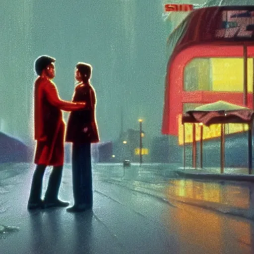 Prompt: a scene from a 8 0 s scifi movie depicting a rainy day where a man hugs his wife, serenading the bacon sizzling in the pan. hd, 8 k, ektachrome, professional, stock photo, bokeh, hyper realistic, by simon stalenhag and edward hopper