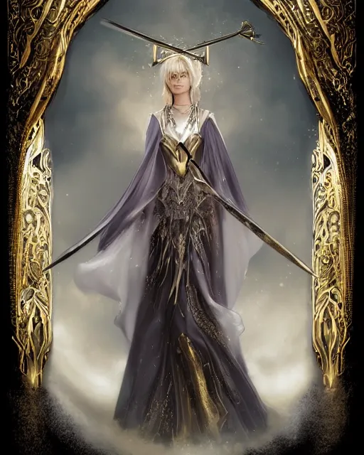 Image similar to a portrait of a muse of beauty, Elspeth Knight Errant, long flowing cape and cowl, silver and gold heavy armor, long magical staff with ruby gems, young female face, rune magic, cinematic top lighting, insanely detailed and intricate, face by wlop, Charlie Bowater, golden ratio, symmetric, elegant, ornate, luxury, elite, matte painting, MTG, magic the gathering, cinematic, cgsociety, 8k, high resolution, trending on artstation, deviantart and pinterest