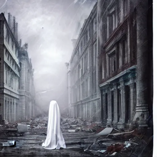 Prompt: ominous bedsheet ghost walking through the center of a destroyed london city, oil painting, gloomy misty atmosphere, symmetrical, full body image, highly ornate intricate details, very sharp photo,
