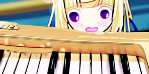 Image similar to kaede akamatsu, a japanese young woman, playing the piano to an adoring crowd, blonde hair with an ahoge and side bangs, expert pianist, beautiful scene, concert photography, recital