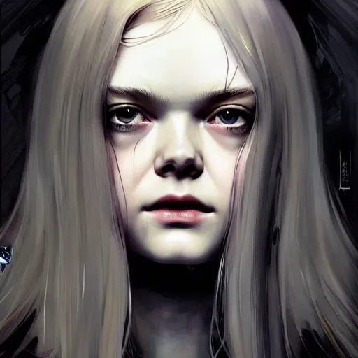 Image similar to symmetry!! portrait of elle fanning in the world of yoji shinkawa, horror, fashion, dark!! intricate, elegant, highly detailed, digital painting, artstation, concept art, smooth, sharp focus, illustration, art by artgerm and greg rutkowski and alphonse mucha