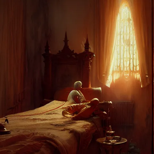 Image similar to the pope is in his bedroom, scared because a horned demon is attacking him. highly detailed painting by gaston bussiere, greg rutkowski, craig mullins 8 k