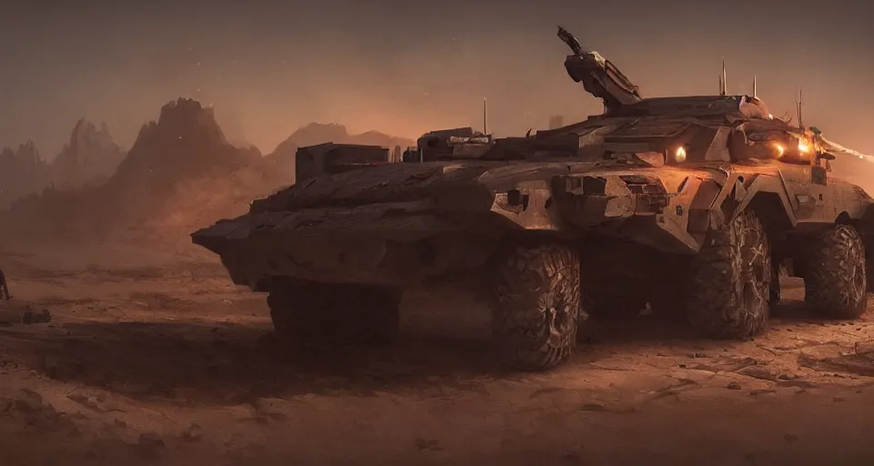 Image similar to an image of an armored vehicle in the night desert with big weapon on by Paul Chadeisson, atmospheric, planet landscape, concept art, high detail, intimidating , cinematic, Sci-fi, blue headlights, Artstation trending, octane render