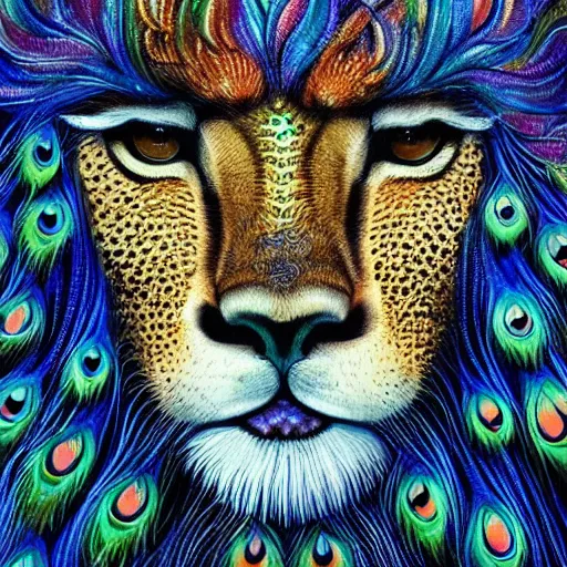 Prompt: beautiful cheetah face with long flowing lion mane made of peacock feathers detailed painting in the style of josephine wall 4 k