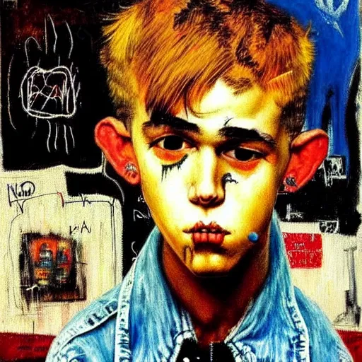 Image similar to detailed neo expressionism oil painting of sad boy lil peep rapper by basquiat and norman rockwell