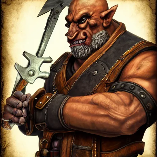Image similar to portrait of a muscular, bald orc mechanic, wearing a heavy brown leather coat, wielding a wrench, steampunk setting, gears, airship, Warcraft character, dramatic lighting, high detail, digital art