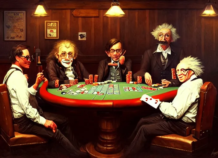 Image similar to playing poker in a saloon, Isaac Newton and Stephen Hawking and Albert Einstein, by Mandy Jurgens, trending on artstation, Richard Schmid and norman rockwell