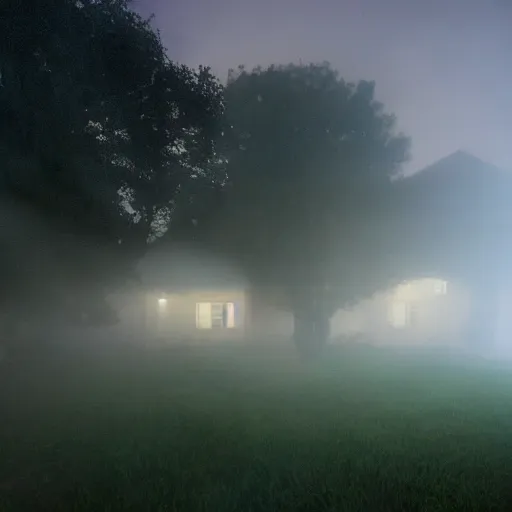 Image similar to poor neighborhood, overgrown, photo taken from a porch, fog rolling along the ground, ethereal, police lights shining off camera