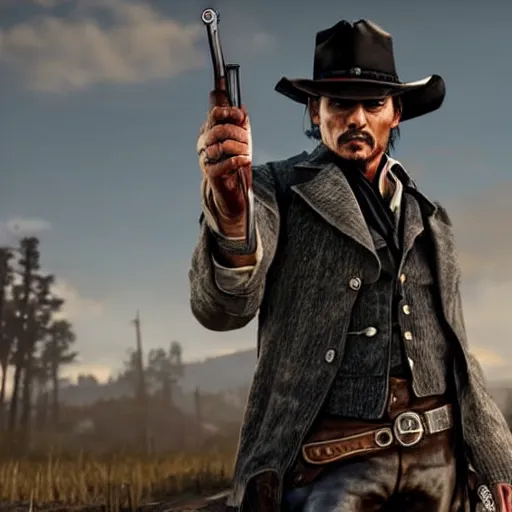 Image similar to johnny depp holding a shotgun in rdr 2, highly detailed