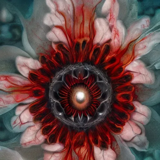 Image similar to a beautiful but creepy and haunting looking flower with a glowing red center, growing deep under the sea. Digital art, oil painting, insanely detailed and intricate, beautiful, haunting, trending on artstation, 8k hd