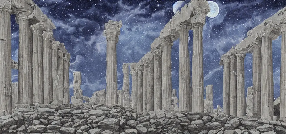 Image similar to The ruins of the Silver Millennium on the moon from Sailor Moon, digital painting, Earth in the distance, Greek-esque columns and ruins