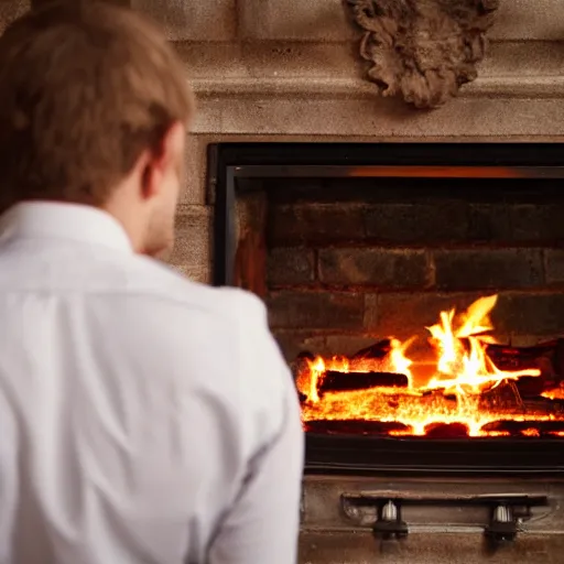 Image similar to man in a waistcoat staring at a log fire jelious girlfriend, 1 5 0 mm lighting effect