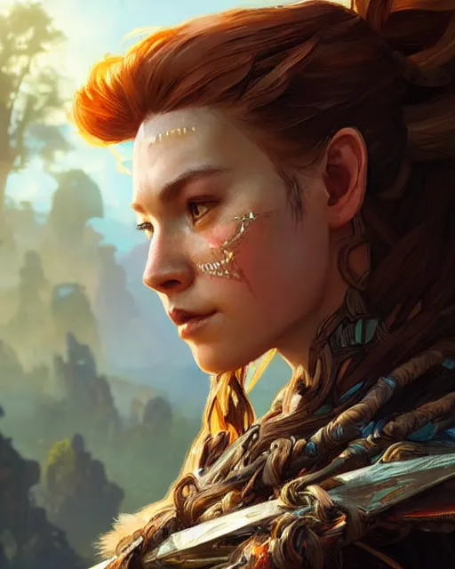 Image similar to Aloy (Horizon Zero Dawn), closeup, D&D, fantasy, intricate, elegant, highly detailed, digital painting, artstation, concept art, matte, sharp focus, illustration, hearthstone, art by Artgerm and Greg Rutkowski and Alphonse Mucha