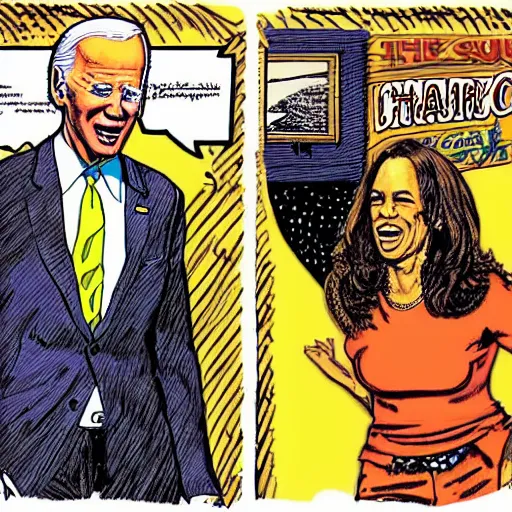 Image similar to The Artwork of R. Crumb and his Cheap Suit - Joe Biden and Kamala Harris, pencil and colored marker artwork, trailer-trash lifestyle