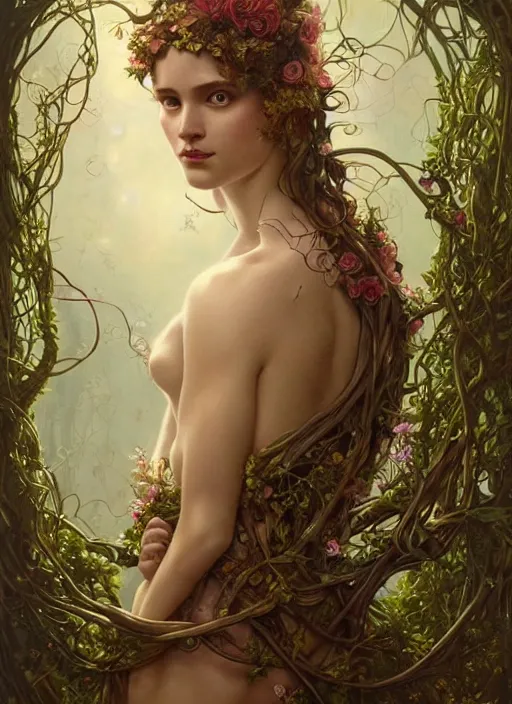 Prompt: beautiful full body portrait of a great fairy, wrapped with vines and flowers, esoteric, d & d, dark surreal fantasy, cinematic lighting, intricate, elegant, highly detailed, digital painting, artstation, concept art, matte, sharp focus, illustration, art by artgerm and tom bagshaw and greg rutkowski and alphonse mucha