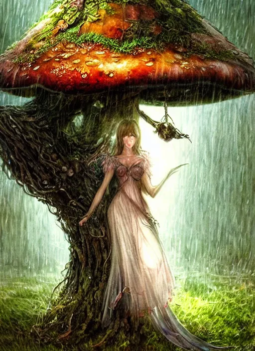 Image similar to a beautiful fantasy woman makes camp under a large mushroom, moss, dewdrops, rainstorm, watercolor, dramatic lighting, cinematic, establishing shot, extremely high detail, foto realistic, cinematic lighting, pen and ink, intricate line drawings, by Yoshitaka Amano, Ruan Jia, Kentaro Miura, Artgerm, post processed, concept art, artstation, matte painting, style by eddie mendoza, raphael lacoste, alex ross,