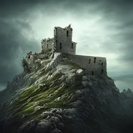 Prompt: ruined fortress on top of mountain, by amandine van ray, cloudy, dreamy