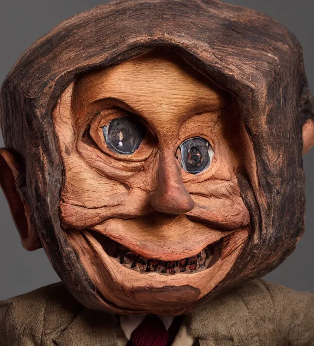 Image similar to hyper realistic photography of horror ventriloquist wooden puppet with old carved painted head