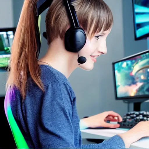 Image similar to beautiful gamer girl in a casual clothing sitting behind a compute desk with a headset on looking at the monitor, coloured hair, ultra - hd, hcl, volumetric lighting, detailed and intricate environment, trending on twitch