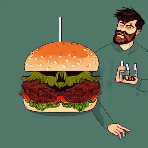 Image similar to beard man angry with italian burger. symmetrical anatomy, very intricate details, digital art, baroque, pop punk art style, colorful, accompanied by body, without duplication, dribble popular, artstation trending, drawn by ilya kuvshinov and iwan suastika and vinicius gud and gustavo zambelli, intricate, balance rendered.