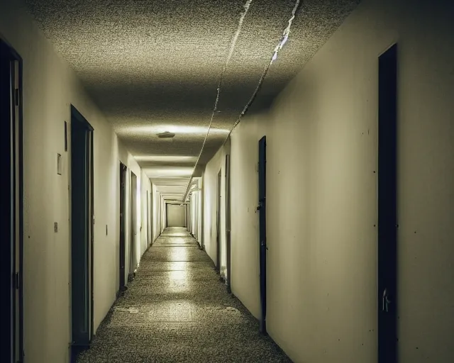 Image similar to an empty partially dark liminal space hallway that looks like the backrooms, photograph, horror, yellow lighting