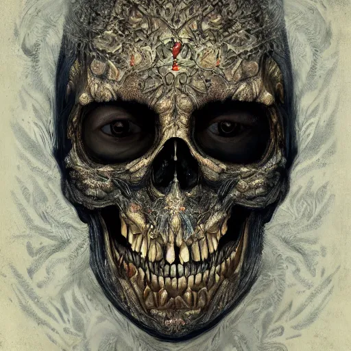 Prompt: A very detailed horrifying portrait painting of the prince of death, floral patterned skin, insect teeth, occult, 8k, trending on artstation cgsociety, masterpiece, in the style of DiscoDiffusion.