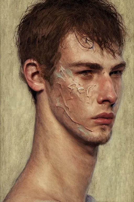 Image similar to portrait of beautiful young man, warhammer, a lot of scars, readhead, the future ages, highly detailed, artstation, illustration, art by gustav klimt, 8 k quality