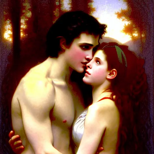 Prompt: twilight version of stranger things, portrait of edward and bella by william - adolphe bouguereau in the style of gaston bussiere, art nouveau