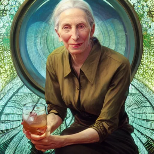 Prompt: portrait painting of jane goodall toasting with a martini, ultra realistic, concept art, intricate details, serious, highly detailed, photorealistic, octane render, 8 k, unreal engine. art by artgerm and greg rutk owski and alphonse mucha