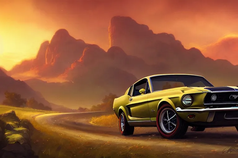 Impression d'art Mustang GT Muscle Car in the Sunset