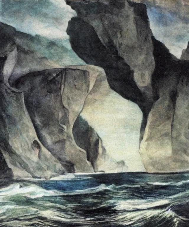 Image similar to photorealistic mixed - media painting of a 1 9 2 5 seiner sailing near a short tropical cliff with the mouth of a sea cave at the waterline, dark, brooding, atmospheric, lovecraft, horror, smooth, epic, highly detailed, cinematic, by emily carr