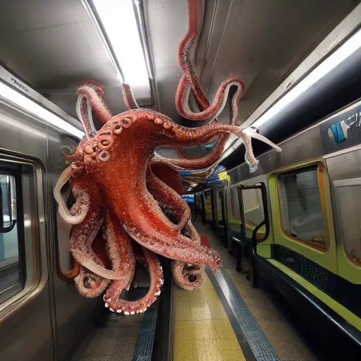 Image similar to of a giant octopus invading a interior of a subway train in new york,