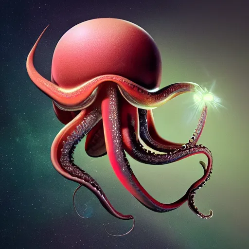 Image similar to a stunning rendition of an octopus wearing a space helmet, LED visor, hyperrealistic, octane render, pearlescent skin, floating in space