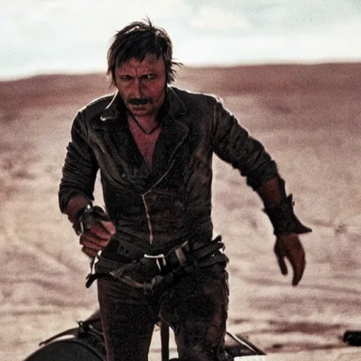 Image similar to A still of Mads Mikkelsen in Mad Max: Beyond Thunderdone (1985)